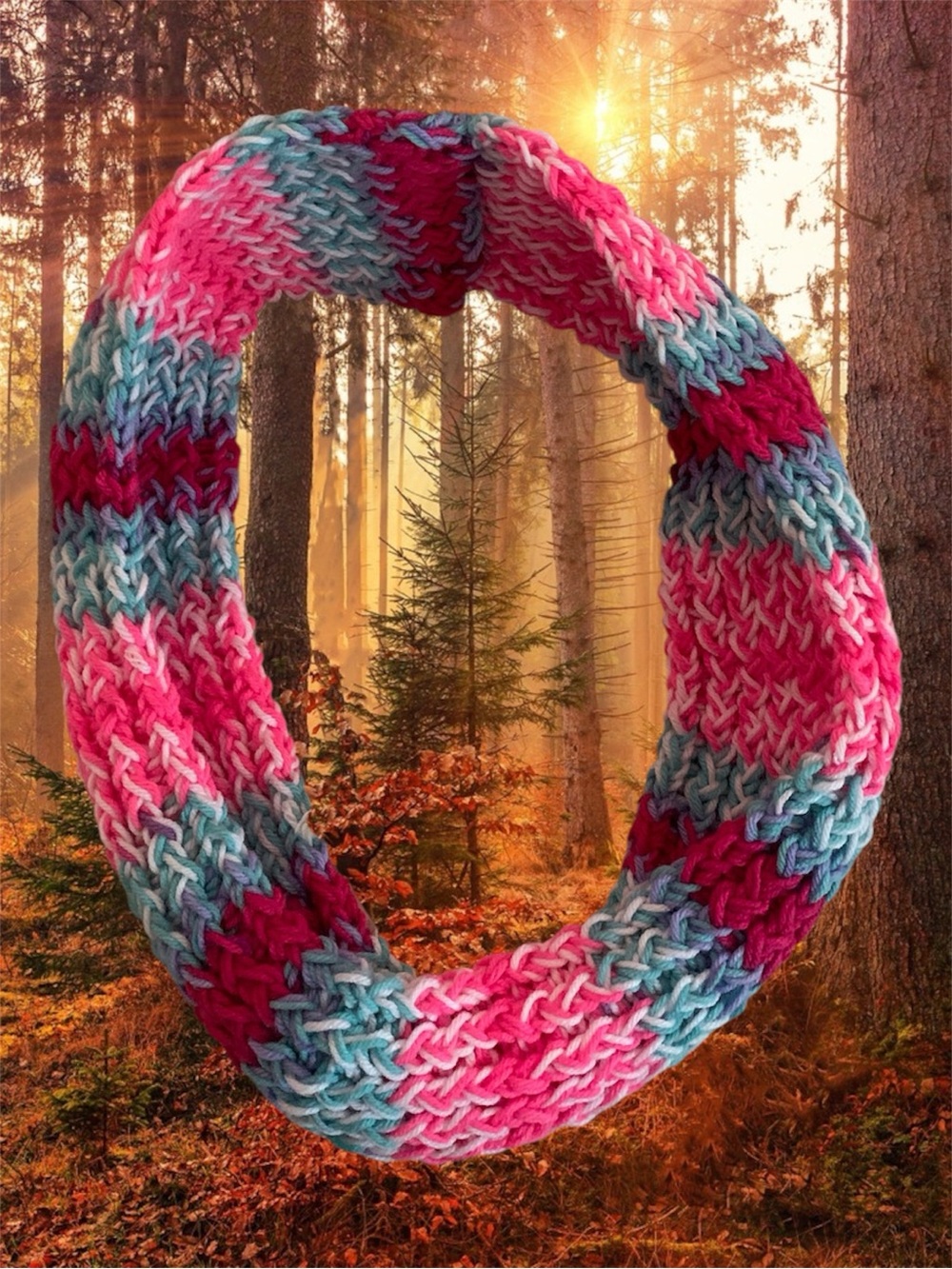 Cozy Handmade Knit Cowl Scarf - Pink & Aqua Variegated Striped Neck Warmer